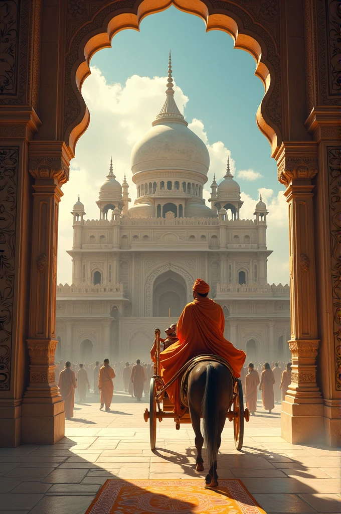 Goga ji Maharaj riding on a horse entering a grand palace, vibrant colors, highly detailed, traditional Indian attire, majestic ambiance, cinematic lighting, digital painting, inspired by Indian folklore, intricate architecture, ornate decorations