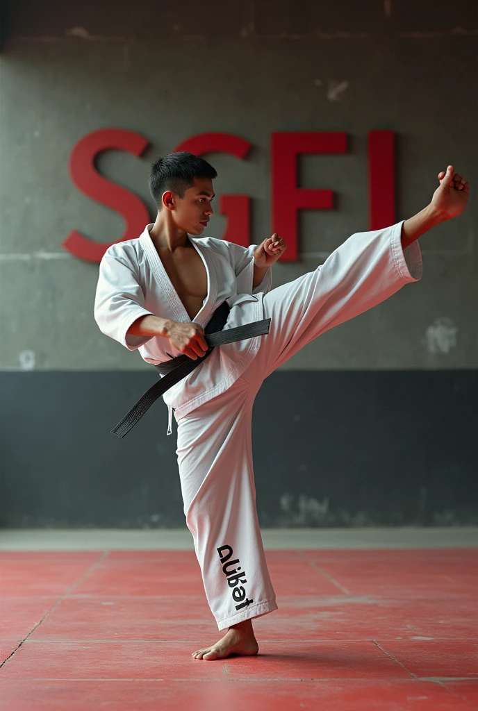 Young man doing kick on kumita mat thats have very muscular muscels wearing karate uniform with VAIBHAV name typed ON HER uniform ON legs SGFI. typed in baground wall