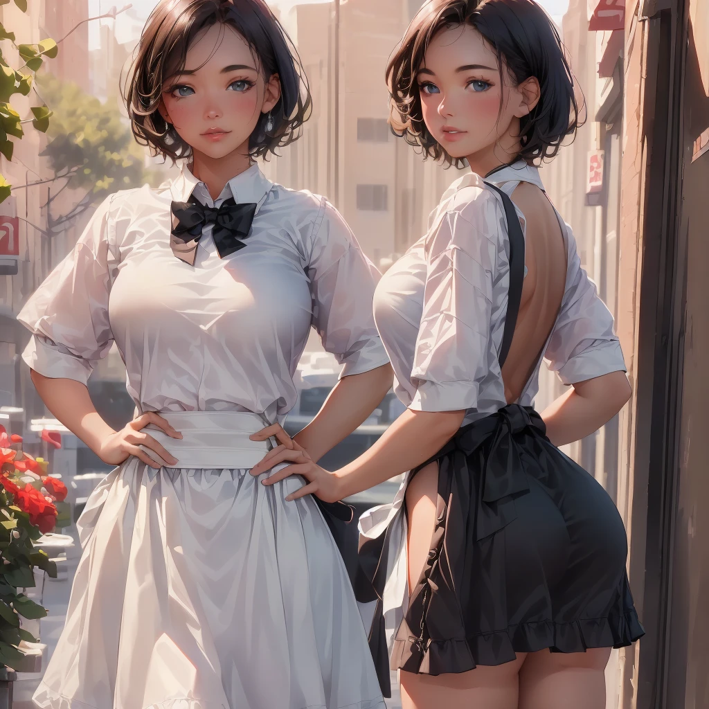 (8K, RAW Photos, 最high quality, masterpiece: 1.2), (Realistic, photoRealistic: 1.37), masterpiece, 最high quality, high quality, High resolution, one girl wearing a short white dress and a black apron , a cook, standing outside her restaurant, big booty, medium breasts, short hair with delicate twists at the ends, full body view