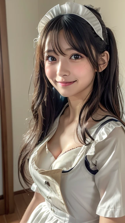 (8k, Photorealistic, RAW Photos, Best image quality: 1.4), Japanese girl、Super detailed face、Eye on the details、double eyelid、Sharp focus:1.2、Beautiful woman:1.4、Light brown hair、Highest quality、masterpiece、Ultra-high resolution、(Photorealistic:1.4)、非常に詳細でプロフェッショナルに照らされたsmile、(Maid clothes:1.5)、blush、Watery eye、amount、slouch、Cleavage、Small breasts、Messy Hair、smile