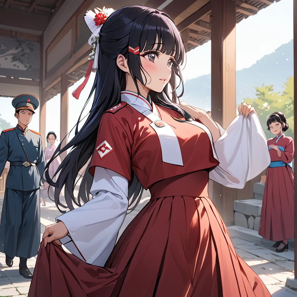 ((Highest quality)), ((masterpiece)), (detailed), （Perfect Face）、The woman is Reika Aoki with semi-long hair、The woman is a member of the North Korean pleasure squad, and wears a charming North Korean traditional dress and dances for the general, making him fall in love with her.