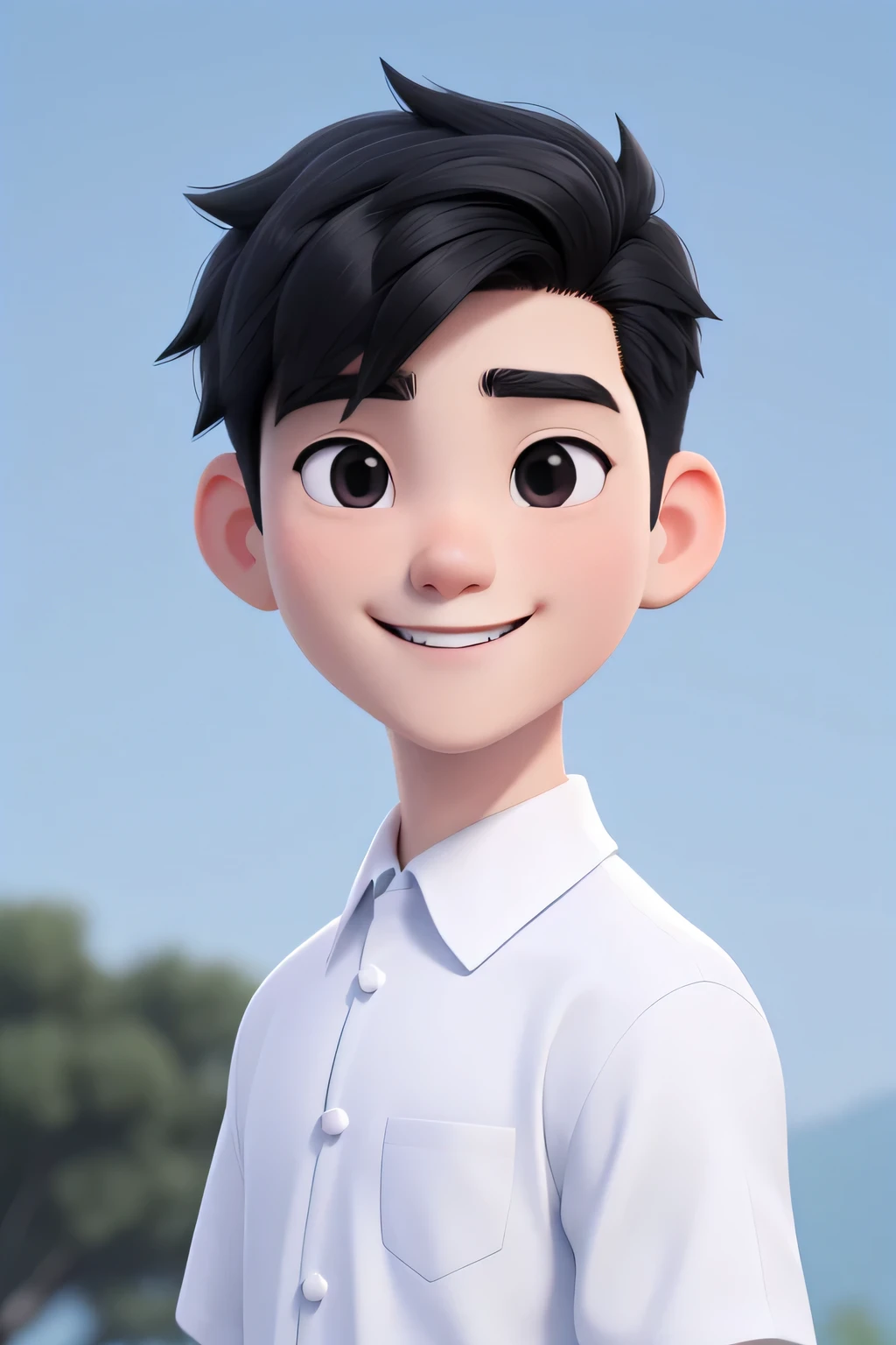 A 30-year-old、White shirt，Chinese male with short black hair, Round face, Round Face，Charming smile, and black eyes, Direct vision，Outdoor scene