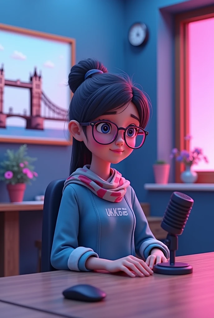 create a 3d Anime character and she was sitting straight on the chair with table her room was UK theme studio with london bridge and famous UKMON frame on wall frame and she have a mic on table and she is wear a boue indian dress with dupatta and UKMON is written on it with pink eye glass ang long tied bun hair and her position was straight and background light was blue and pink and aspect ratio is 16:9 for Youtube