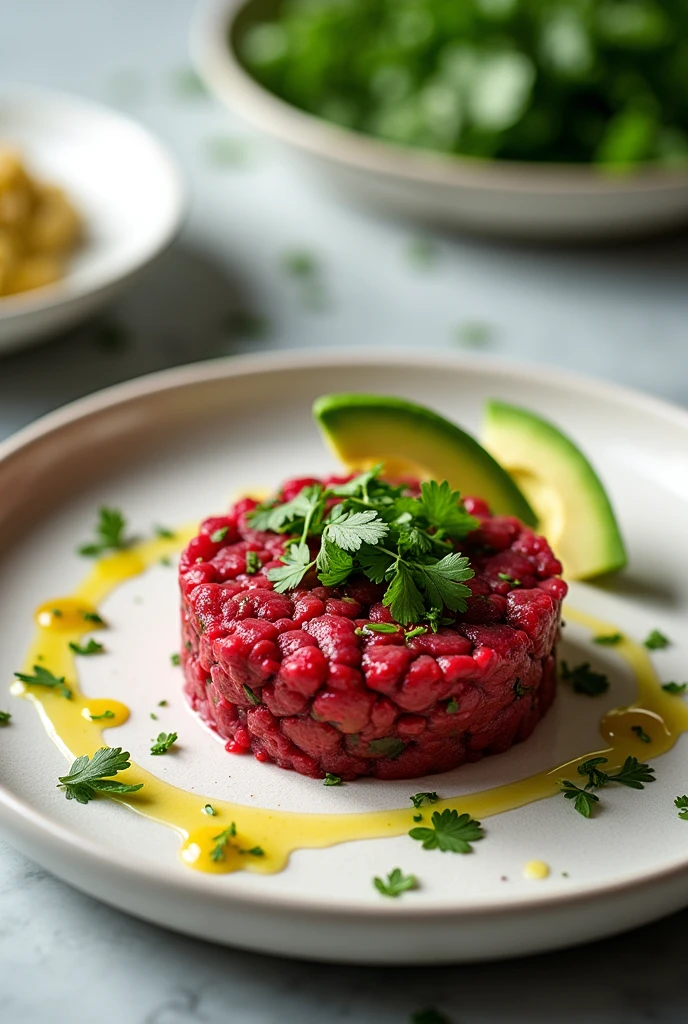 Give me a picture of the following dish: a tartar combined with beetroot and diced avocado, mixed with red onion and fresh cilantro, temperado com lemon juice, salt and pepper. The vinaigrette is made with olive oil, lemon juice, Dijon mustard and garlic, that adds a special touch to the dish