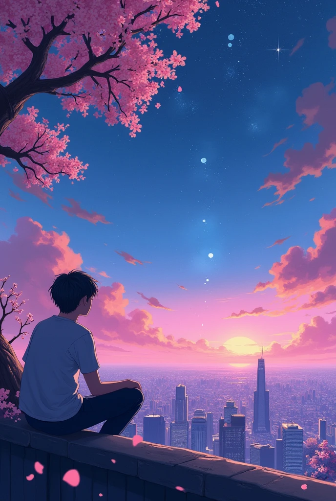 Lofi image of a guy sitting down staring at starry sky with pink purple and blue sky and a street with cityscape in background down below and cherry blossoms with petals falling(the guy will look smaller than cityscrape)