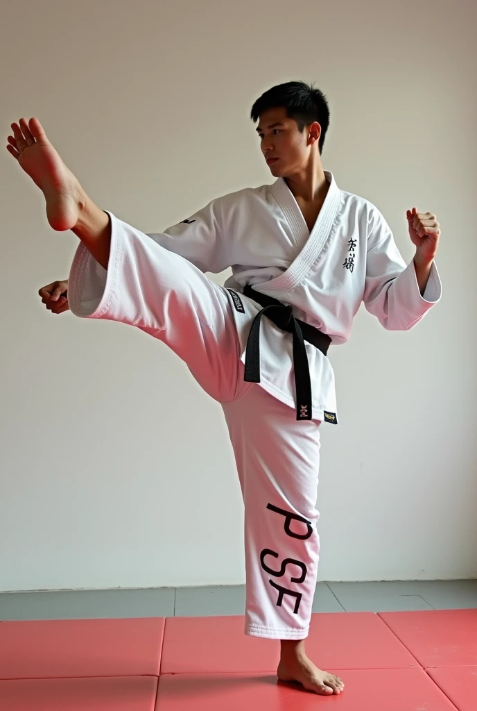 Young man doing kick on kumita mat thats have very muscular muscels wearing karate uniform with VAIBHAV. name typed ON HER uniform ON legs  SGFI. typed in baground wall
