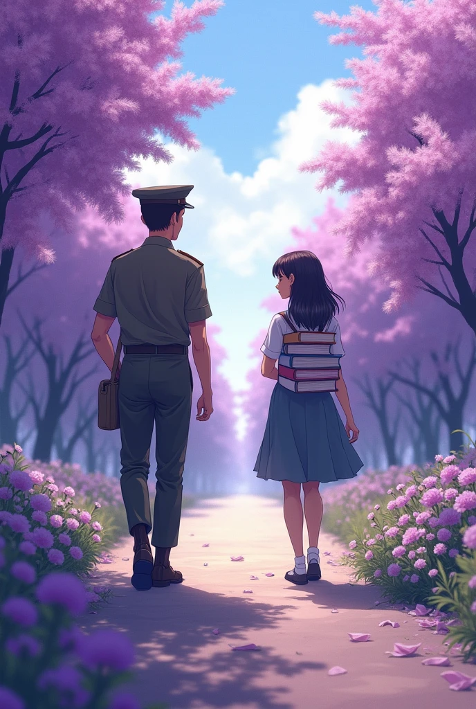 Make a cover page for a story book with the name "  the one i unfortunately met" and add a photo of a girl who is holding books in her hands moving in the right direction  and a young military man walking in left direction like crossing each other and in background make a purple colour flower like it is bloomed and make them as adults 