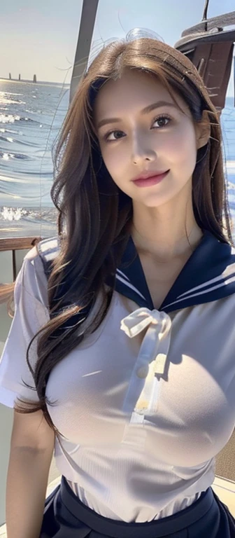 Browsing Caution, ((Midnight, Highest quality, 8k, masterpiece :1.3)), Sharp focus, Beautiful woman with perfect figure, ((Brunette Wavy Hair, ), , ((Starry Night, Beach)), Highly detailed face and skin texture, Detailed eyes, double eyelid, Underarm,Moist and gentle eyes:1.3,Plump lips, Huge breasts, Natural Tits,16years old, sailor suit full body Unbuttoned Navel Mie