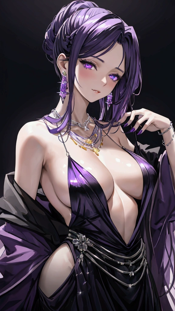 Bright purple eyes, purple hair, Black dress outlined by purple crystals, medium breasts, side boob, Looking at view, Earrings, jewelry, necklace, Detailed eyes, detailed hair, detailed face, porcelain skin, realistic detailed skin, Elegant pose, soft smile, blush
