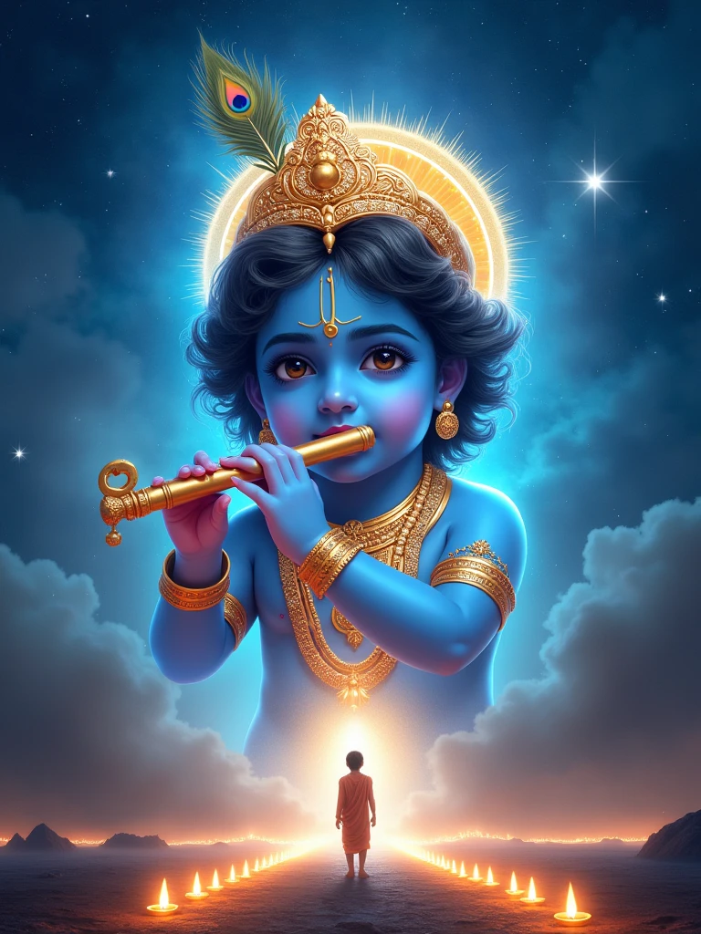 A divine, celestial scene featuring a giant, radiant image of Lord Krishna as a child, playing a golden flute. His skin is a deep blue, and he is adorned with a glowing crown and jewelry, including a peacock feather on his crown. The background is a starry night sky filled with twinkling stars, and the ground below is lined with lit oil lamps, creating a serene and mystical atmosphere. Below the large image of Krishna, a lone figure, possibly a devotee, stands in awe, bathed in the divine light emanating from the deity.