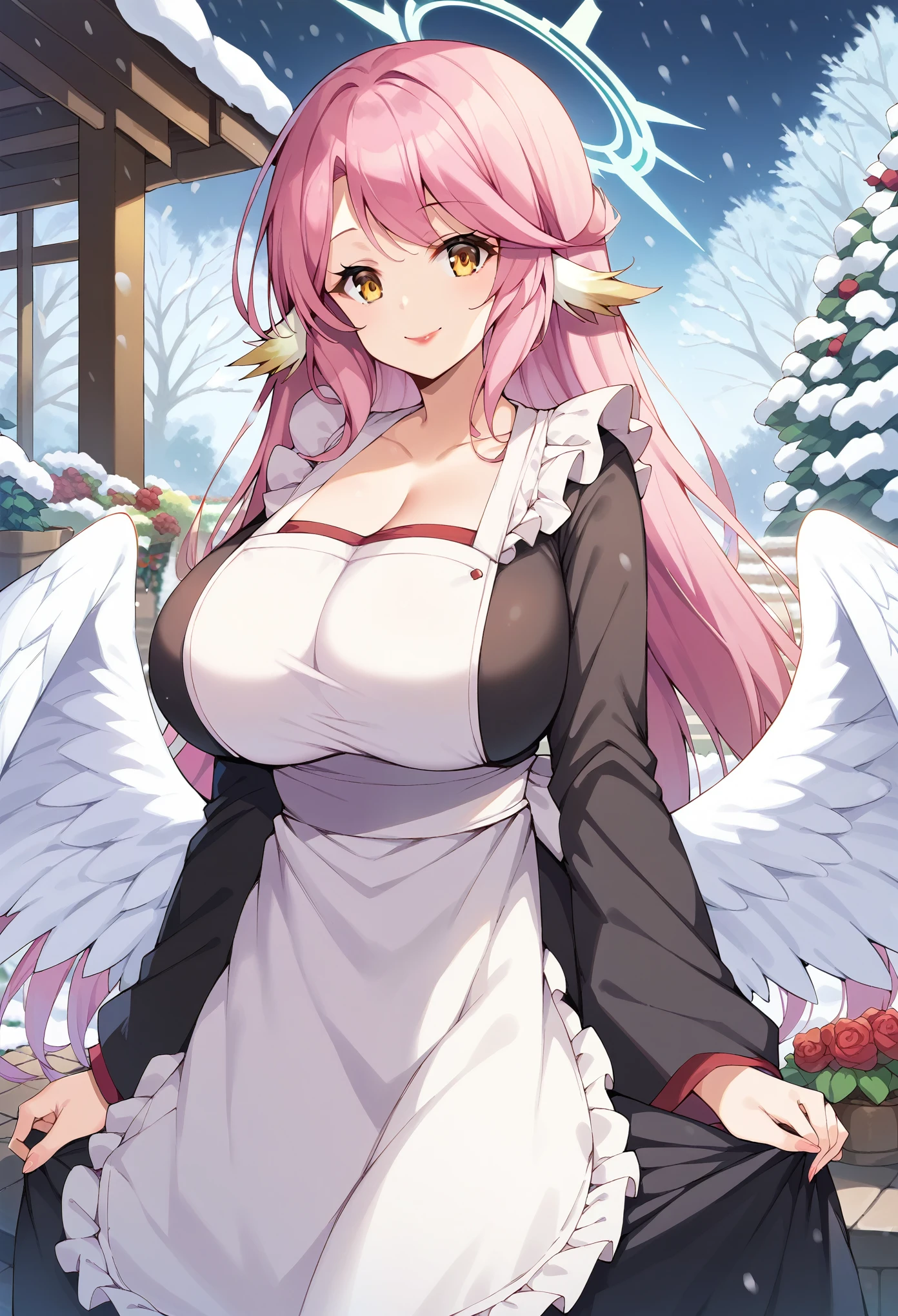 masterpiece, score_9, score_8_up, score_7_up, source_anime, extremely detailed, high quality, 1girl, solo, jibril, (huge breasts:1.1), ((((pink hair), long hair, yellow eyes, wing ears, large feathered wings, white wings, low wings, halo))), red lips, (((black kimono, white apron, frilled apron))), ((light smile), closed mouth), ((outdoor, garden, winter, snowing))