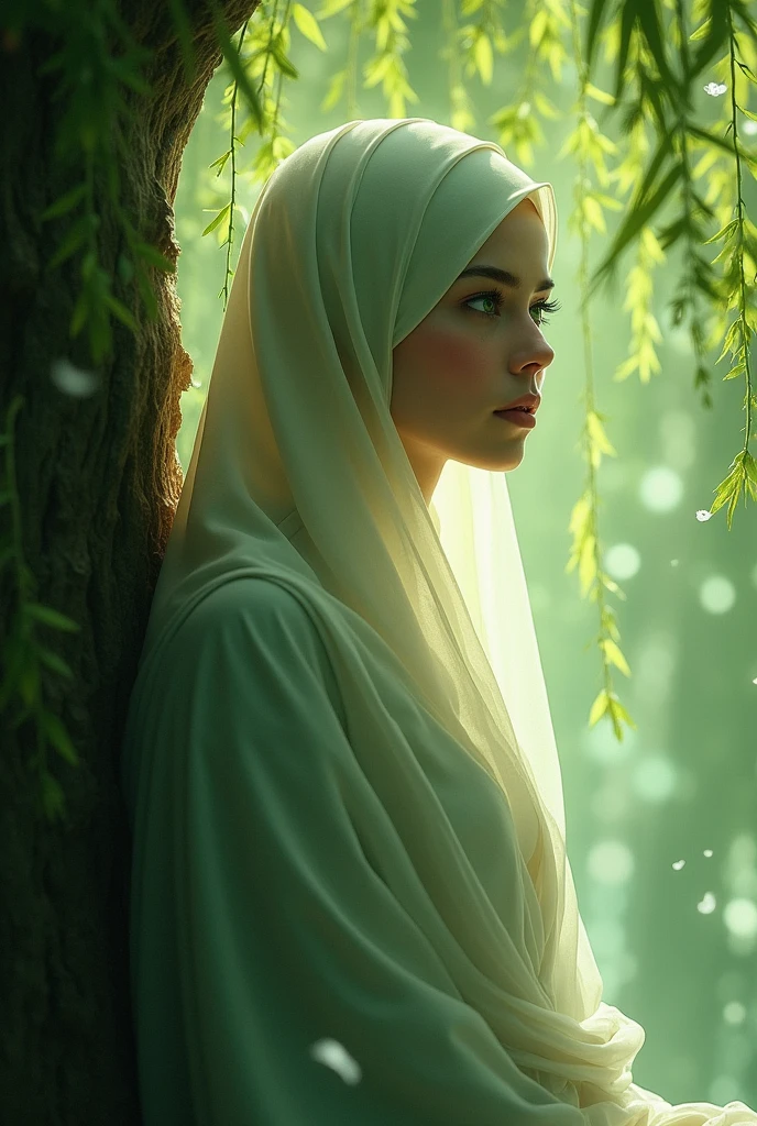 A female tree spirit with full hijab and she has light brown skin and she is leaning on her willow tree and she had a soft green aura around her and the other spirts are flying around her