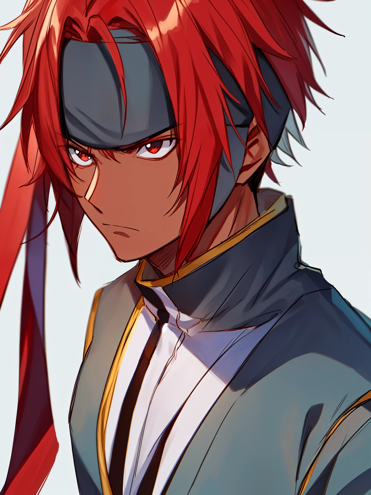 ((shinobi clothing)), {{blacksmith)}, ((Konoha Headband)), complementary colors, {{upper body}}, ((short hair)), ((red hair)), ((serious expression)), ((very dark skin)), 1boy, beautifully drawn, high resolution illustration, best quality, High definition, ((detailed anime sketch)), Masterpiece, (solo), absurdres, detailed background, fine detail, male focus, HDR,