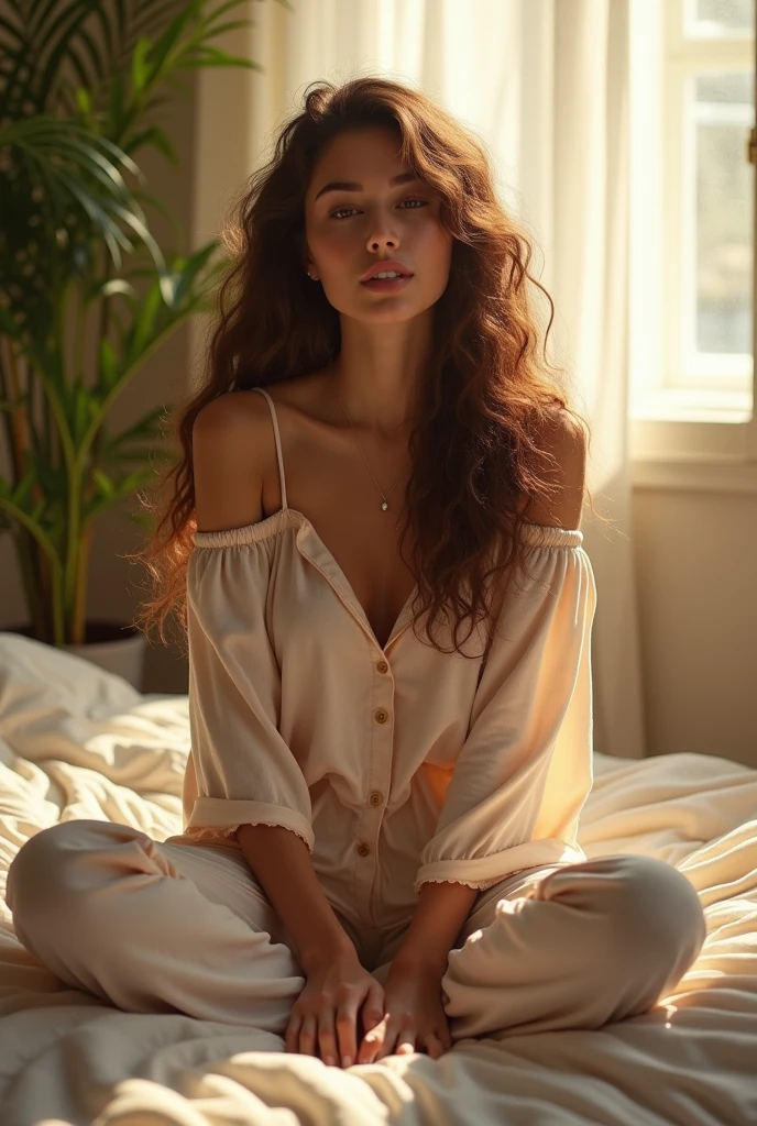 (photorealism:1.2), beautiful woman, sitting on bed, wearing loose off-shoulder top, pajama pants, long curly hair, indoors, soft lighting, plants in background, window with sunlight, cozy room, relaxed pose, realistic, intricate details, warm colors, by Greg Rutkowski, by Alphonse Mucha