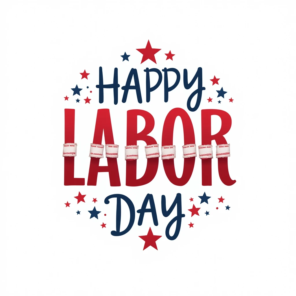 beautiful design of labour day in USA. use white, red and blue colors on the entire design including the fonts and objects. Write on it "happy labor day". Use white as background and red color for fonts. Use beautiful and nice fonts