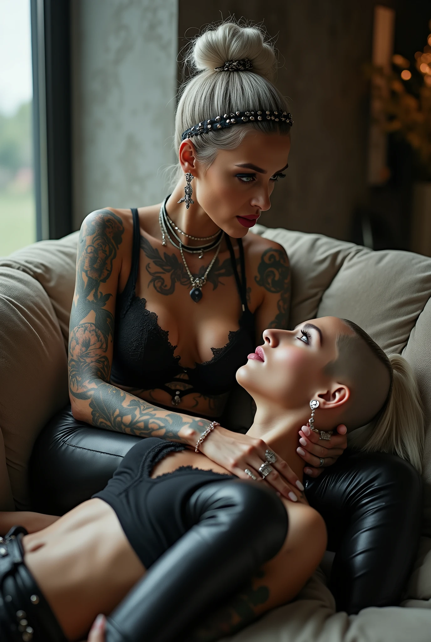 African milf woman (successful rap female singer)sitting on a sofa with separated legs, serious face, wearing female gang clothes, barefoot, possessively gropes a skinny scared white rich milf woman at her feet leanin back with chin down looking at the floor and open eyes, in a seductive fashion model pose. The white woman looks scared and her lips makeup is smeared all around her mout. The white woman touches her girlfriend with her hands in a clumsy way. The white woman is tattooed heavily (tattoed chest, tattoed neck, tattooed arms, tattooed hands, tattooed stomach, tattoed legs, tattoed feet). The white woman is very thin with well toned abdominals, pale (light grey hair, light green eyes, pale face, pale neck, pale chest, pale arms, pale hands, pale stomach, pale legs and feet). White woman has big hug breast . White woman in chic rock fashion: pouf with top bun and shaved sides, big square sunglasses as headband. The white woman wears and a lot of metallic necklaces and pendants, black lace push up bra, skinny black low rise leather leggings. The white woman wears a loose wide studded leather belt and a lot of wide metallic bracelets, black lace push up bra, barefoot. In an expensive modern apartment