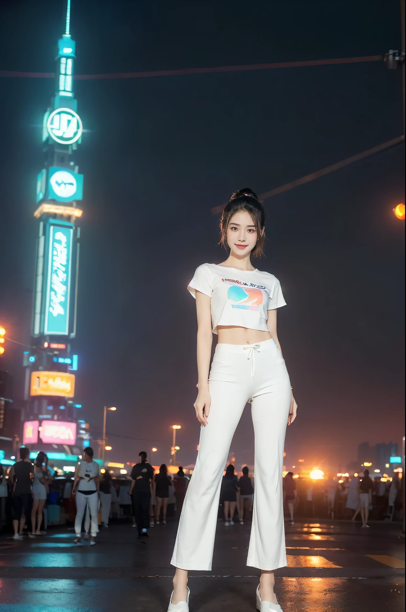 (((best quality))),(((ultra detailed))),(((masterpiece))),illustration,((1 beautiful girl,solo)),((short half ponytail,short hair)),(fair skin:1.3),(detailed eyes:1.3),(smile:1.3),((slim,thin)),((small breasts,flat chest)), (white short-sleeved t-shirt:1.3), (white sports pants:1.3),(slender legs:1.2),(white loafers:1.2),(standing:1.3),((vibrant colors, soft glow)), (active and healthy lifestyle,youthful charm),((on the street,cyberpunk city, towering skyscrapers)),(warm sunset glow:1.3),(detailed background:1.3),((vivid neon signs, holographic advertisements, electric atmosphere)),(outdoor:1.3),((summer,dusk scene)),((from front,full body))