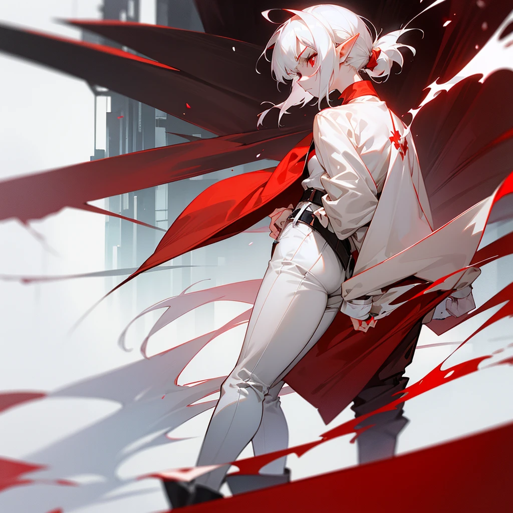 White shoulder-length hair, ponytail, Red eyes, Elf, Tough, Wearing a long red jacket, woman, bangs hanging to one side hair, wave hair, short hair, red eyes, tsurime, pale skin, shirt, coat, pants, long boots, belt, elf, in the town, cyberpunk