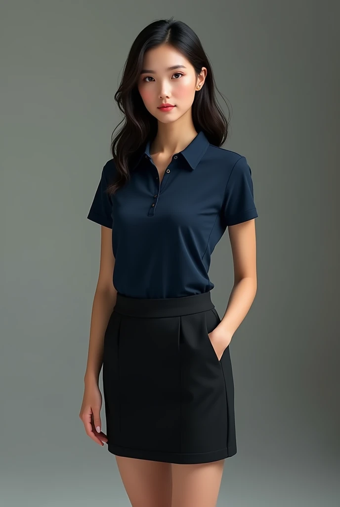 (photorealism:1.2), beautiful Asian woman, upright posture, wearing a dark blue polo, a short black skirt, black hair,