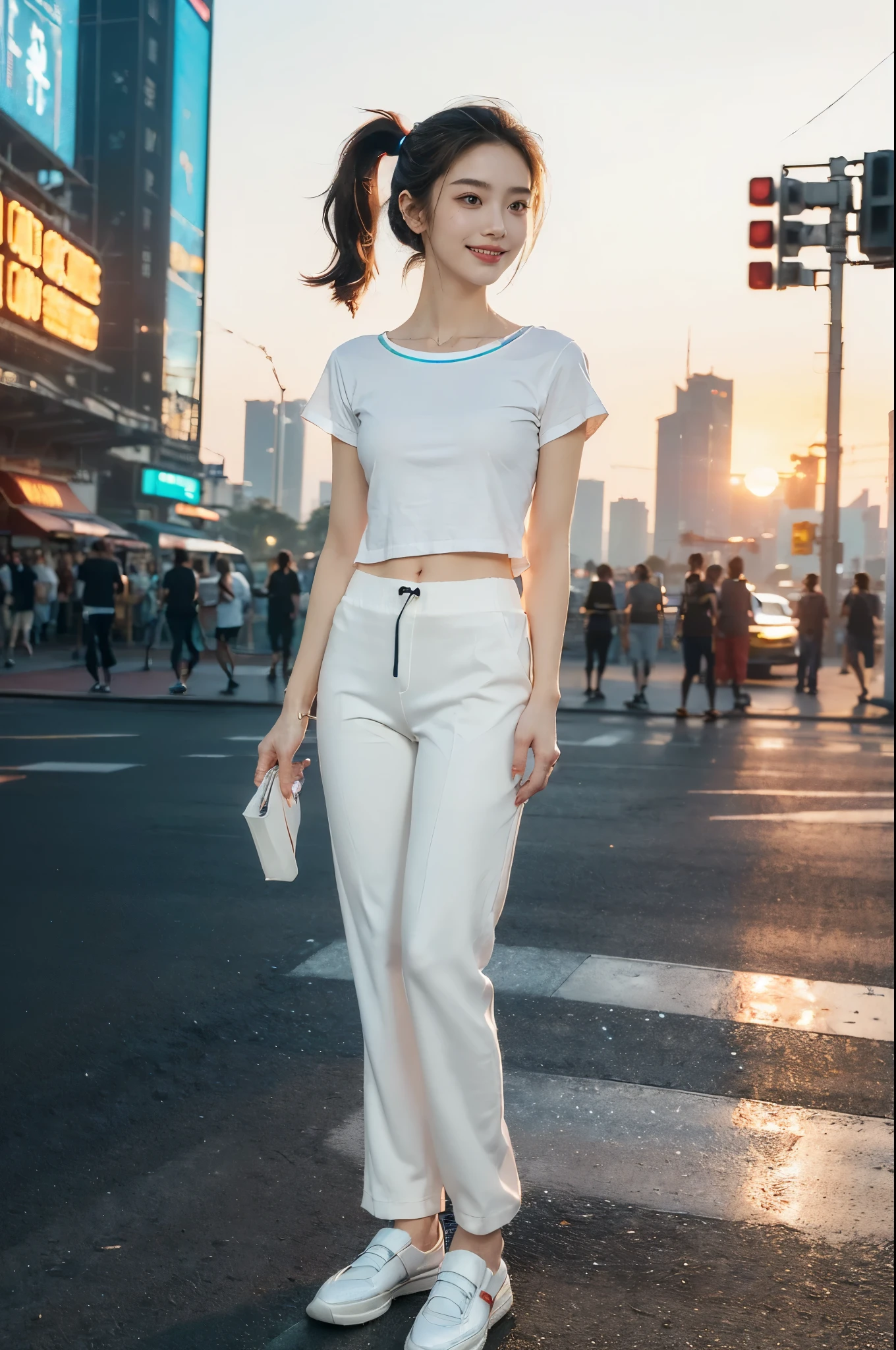 (((best quality))),(((ultra detailed))),(((masterpiece))),illustration,((1 beautiful girl,solo)),((short half ponytail,short hair)),(fair skin:1.3),(detailed eyes:1.3),(smile:1.3),((slim,thin)),((small breasts,flat chest)), (white short-sleeved t-shirt:1.3), (white sports pants:1.3),(slender legs:1.2),(white loafers:1.2),(standing:1.3),((vibrant colors, soft glow)), (active and healthy lifestyle,youthful charm),((on the street,cyberpunk city, towering skyscrapers)),(warm sunset glow:1.3),(detailed background:1.3),((vivid neon signs, holographic advertisements, electric atmosphere)),(outdoor:1.3),((summer,dusk scene)),((from front,full body))
