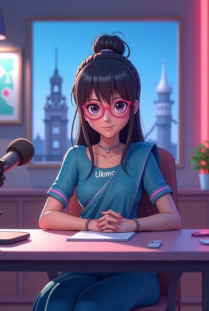 create a 3d Anime character and she was sitting straight on the chair with table her room was UK theme studio with london bridge and famous UKMON frame on wall frame and she have a mic on table and she is wear a blue indian suit and salwar dress with dupatta and UKMON is written on it with pink eye glass ang long tied bun hair and her position was straight and background light was blue and pink and aspect ratio is 16:9 for Youtube