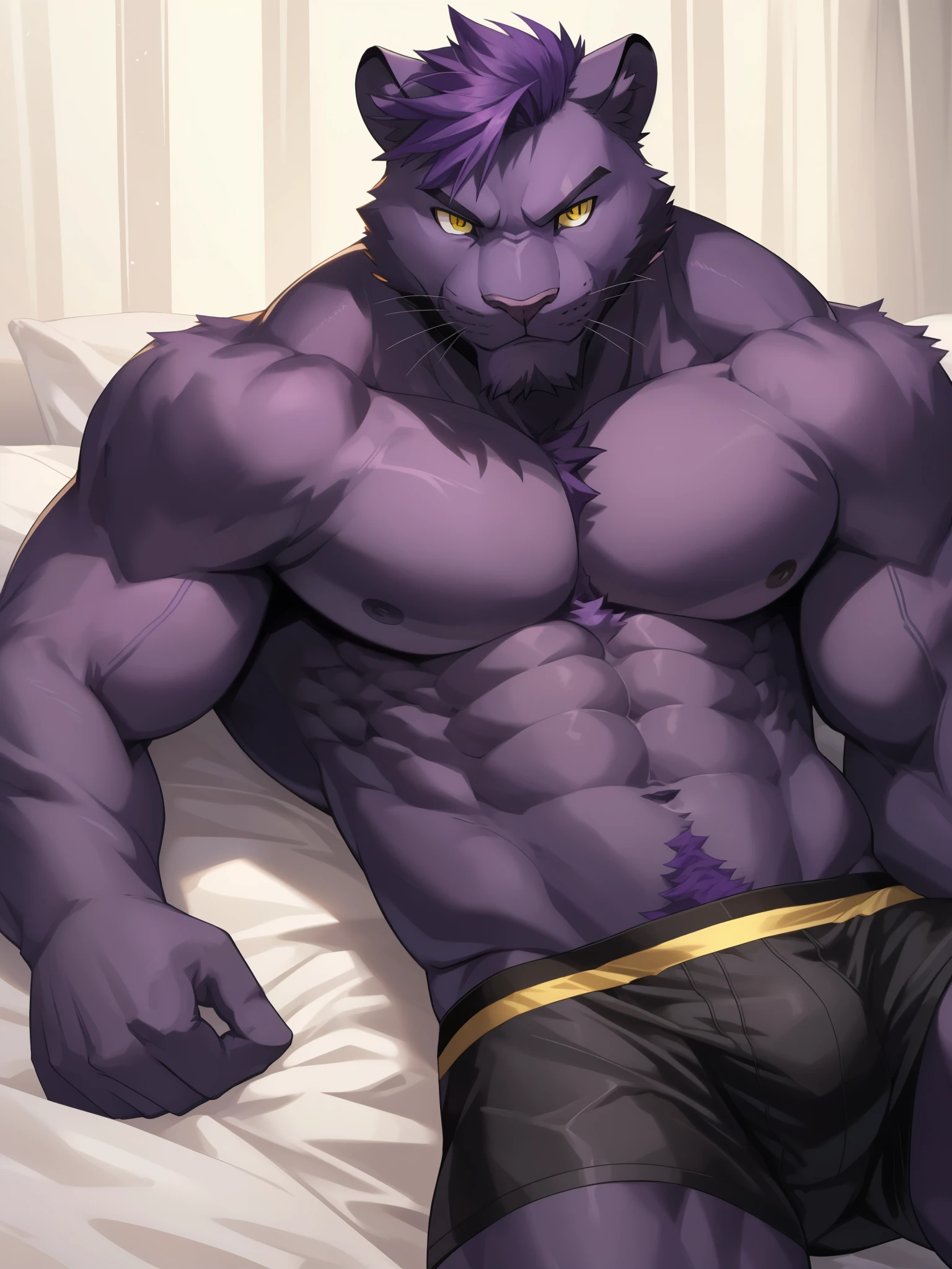 Masterpiece, Solo, (Dark Purple panther, Yellow eyes, Medium dark purple hair) Muscular Body, Handsome, Good Looking, Adult, Fierce, Smirking, shirtless, boxer only, laying in bed, bedroom background