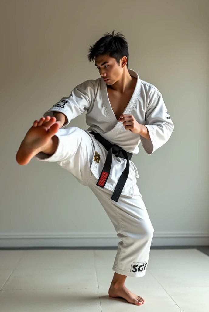 Young man doing kick on kumita mat thats have very muscular muscels wearing karate uniform with VAIBHAV. name typed ON HER uniform ON legs SGFI. typed in baground wall