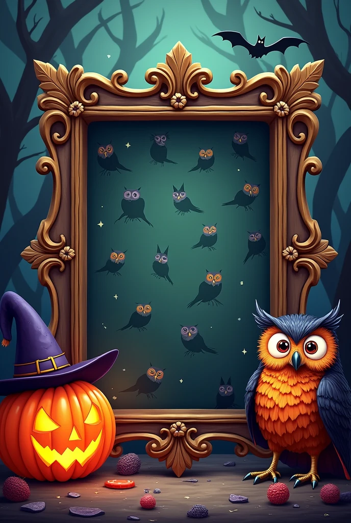 I want a frame to be in the middle,owl and wizard hat pattern.Also, on the left side, there should be a Halloween pumpkin with a wizard hat and on the right side, there should be a Halloween themed owl, but these should not extend into the frame, and the frame should be thick and there should be owls, bats, ghosts and other Halloween related things in the background.