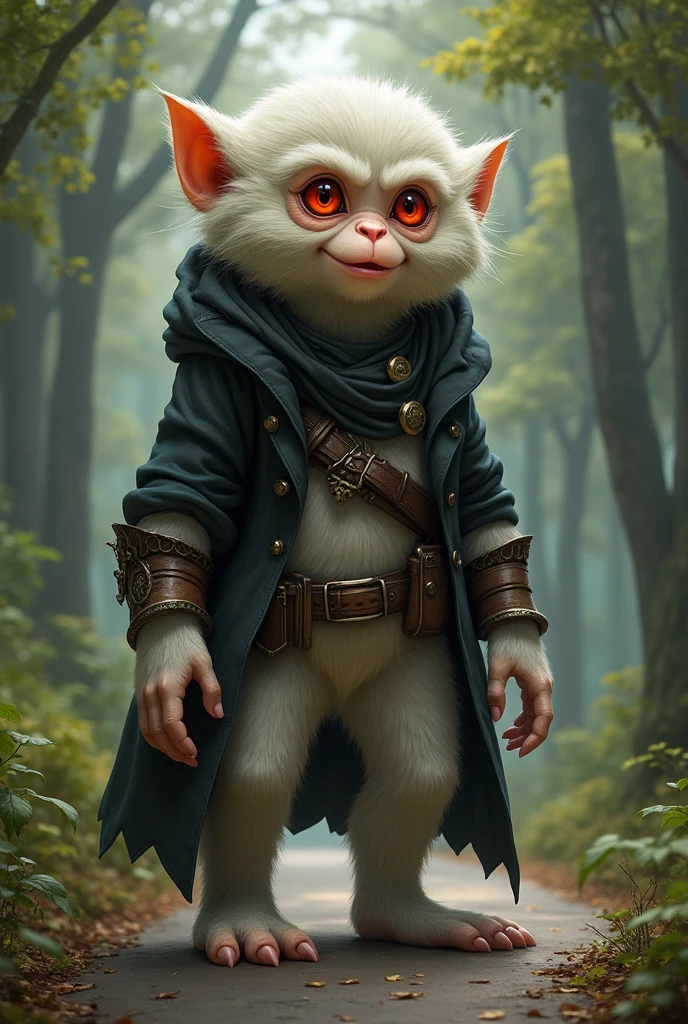 A human with monkey features with light colored fur and bright red eyes wearing a light armor on a black coat smiles and standing on a road of a forest