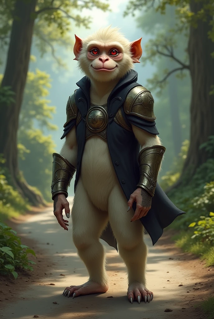 A human with monkey features with light colored fur and bright red eyes wearing a light armor on a black coat smiles and standing on a road of a forest