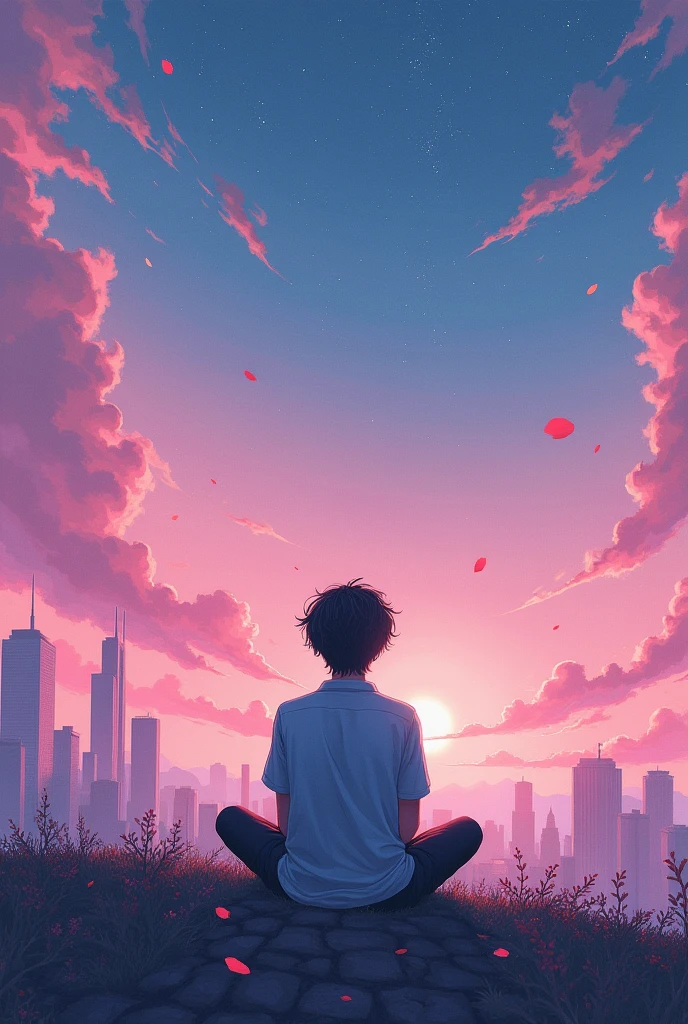 Lofi image of a guy sitting down staring at starry sky with pink purple and blue sky and a street with cityscape in background down below and cherry blossoms with petals falling(the guy will look very smaller than cityscape)
