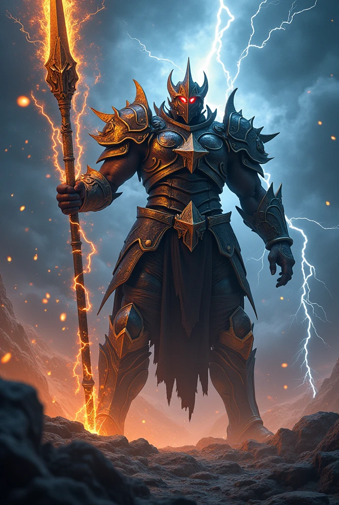  "Full body action shot, 8K ultra-high-definition, dark fantasy aesthetic, a massive and imposing warrior stands in the center of a stormy night. The warrior, known as Raiger, is clad in black and gold armor, intricately detailed with lightning-shaped patterns. His red eyes glow fiercely from beneath a helmet shaped like a storm cloud, with bolts of lightning occasionally sparking from it. He wields a colossal thunder spear 'Jinrai,' which crackles with raw electric power. As Raiger raises his spear high, the sky above him responds with a furious thunderstorm, bolts of lightning crashing down around him, illuminating his menacing form. The ground beneath his feet crackles with energy, and the very air around him seems charged with static, as he prepares to unleash a devastating lightning strike upon his enemies. The scene is filled with the chaotic energy of the storm, creating a dramatic contrast between the dark sky and the electric light."