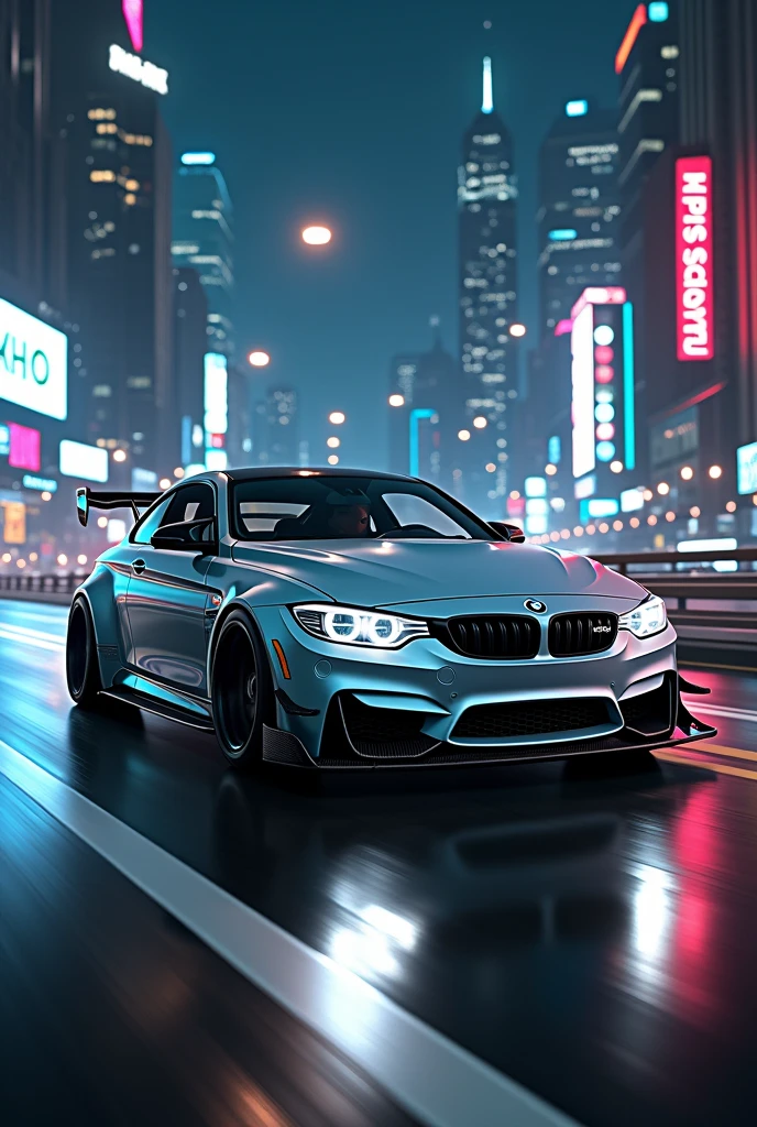 Bmw m4 car modified in city night ride in speed on bridge