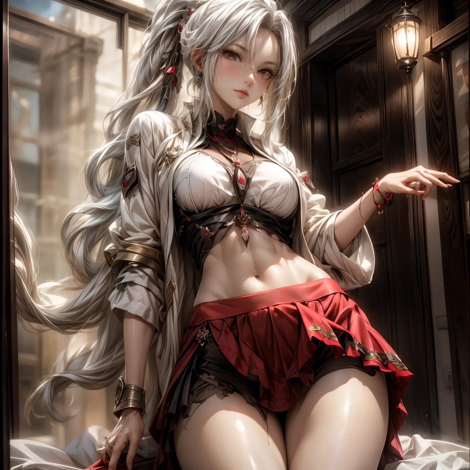 (best quality)), ((Masterpiece)), (details:1.4), 3d, HDR (high dynamic range), an image of a beautiful cyberpunk female, Cyberpunk, medieval, black hair, high ponytail, Hips up, Beautiful White eyes, จมูกโด่ง, ปากแดง, หน้าอกใหญ่, nvidia RTX, PBR surface, After processing, Anisotropic filtration,depth of field, Maximum clarity and clarity, multi-layered surface, Subsurface scattering, perfect proportions, 8K raw files, ultra detailed, Perfect proportions, volumetric lighting, soft lighting, Holy Paldin, Heavy Golden Armor, white dress, intricate Silver embroidery, glossy skin, Bed room Background, jewely, ต่างหู, นิ้วมือสมบูรณ์, mini Red skirt,