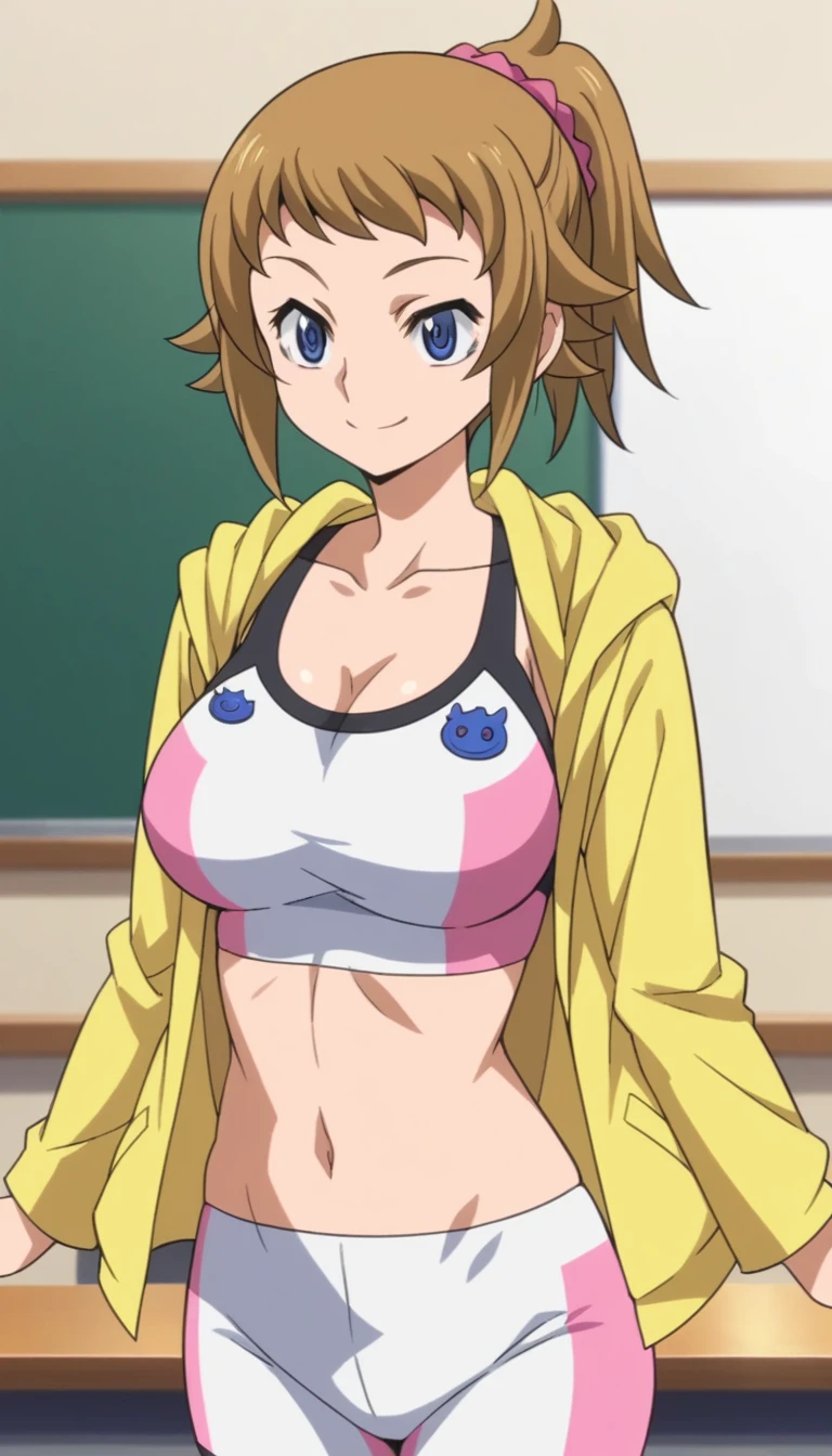 Score 9, Score 8 up, Score 7 up, The rating is questionable,
Detailed Background, Shiny skin,fumina hoshino, hoshino fumina, blue eyes, brown hair, ponytail, scrunchie,
navel, jacket, bike shorts, sports bra, yellow jacket, hoodie, collarbone, long sleeves, white sports bra, white bike shorts, pink sports bra, pink bike shorts,one woman,lingerie model,sexy pose,,large breasts,short of a person,whole body,thin,smiling,in the classroom,anime style,high quality,masterpiece,highly detailed