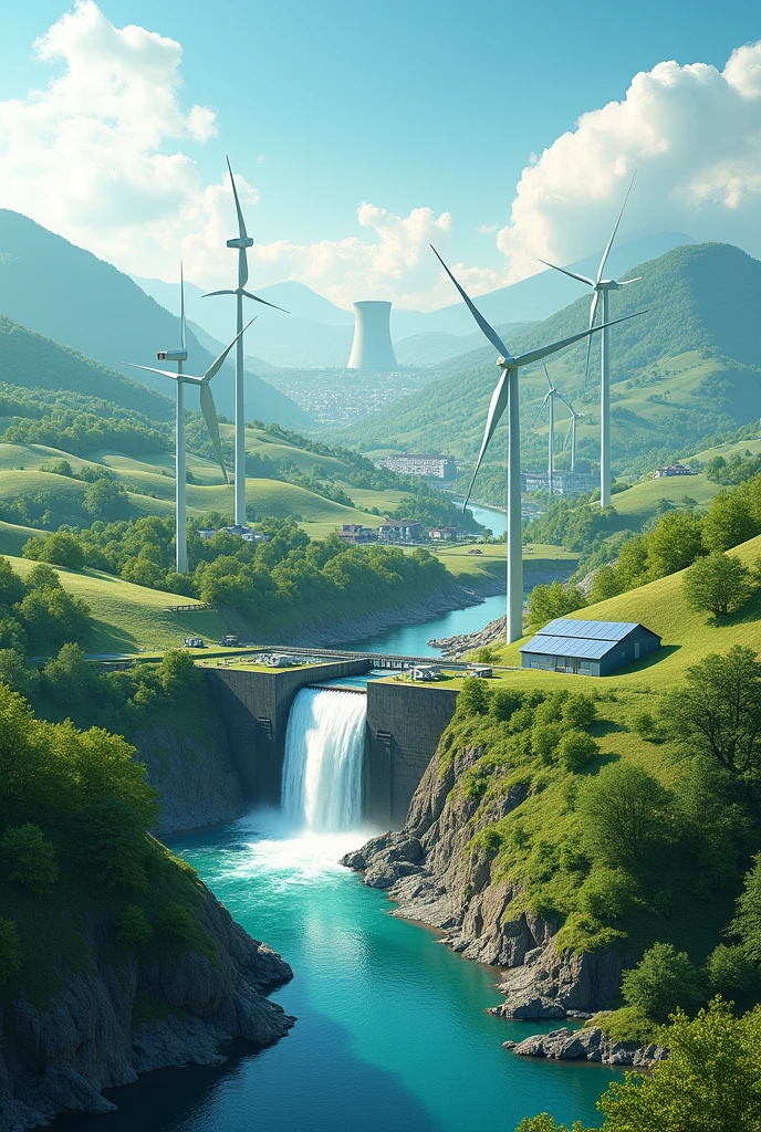 Create an image for the cover of a paper on types of electrical energy generation, add a small hydroelectric plant to this image, Wind power, nuclear, some solar panels, and a small town