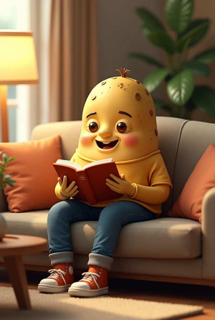 Create an image of an anthropomorphized potato with a full set of human-like features, including arms, legs, and a face with expressive eyes, a nose, and a smiling mouth. The potato is dressed in casual human clothes—a T-shirt, jeans, and sneakers. Place the potato in a cozy living room, sitting on a sofa and reading a book, with a coffee table in front of it and a lamp nearby. The scene should have a light-hearted and whimsical feel, with warm colors and playful details.