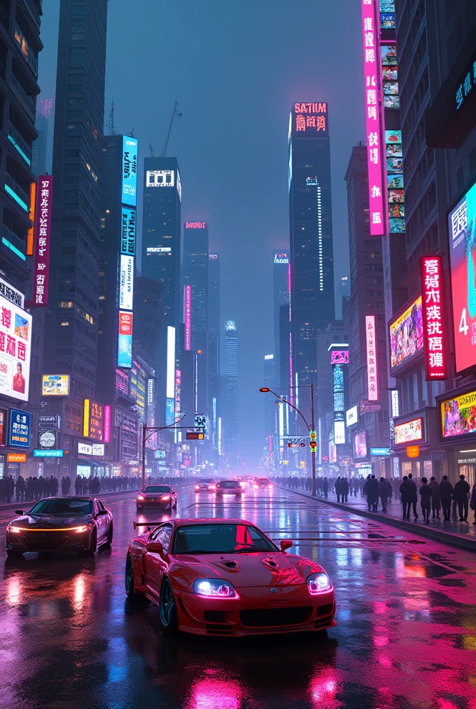 Cyberpunk neon city with neon lights neon cars neon people and neon buildings add some supra and a Nissan skyline