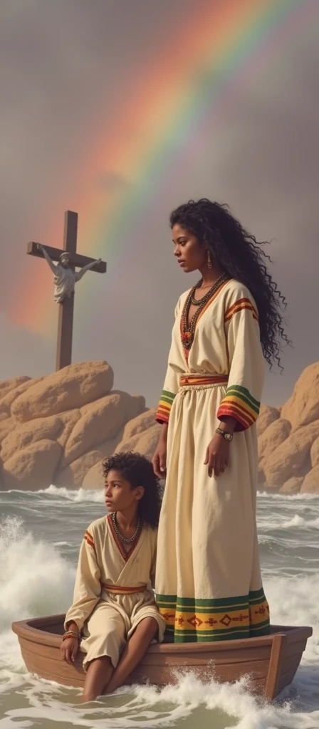 (photorealism:1.2), beautiful woman, standing on small ship on the red see with heavy storm, wearing an Ethiopian traditional woolen white dress, slightly dirty, having a strip of green, yellow and red colors at the bottom and top,long curly hair, outdoor , natural lighting, rocks in background, rain bow and an Angeles shown from far with tall cross, she and her son has cross necklace,
her son sitting next to her fearful, by Greg Rutkowski, by Alphonse Mucha