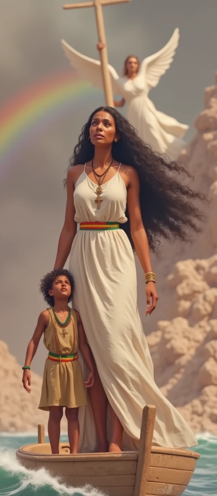 (photorealism:1.2), beautiful woman, standing on small ship on the red see with heavy storm, wearing an Ethiopian traditional woolen white dress, slightly dirty, having a strip of green, yellow and red colors at the bottom and top,long curly hair, outdoor , natural lighting, rocks in background, rain bow and an Angeles shown from far with tall cross, she and her son has cross necklace,
her son sitting next to her fearful, by Greg Rutkowski, by Alphonse Mucha