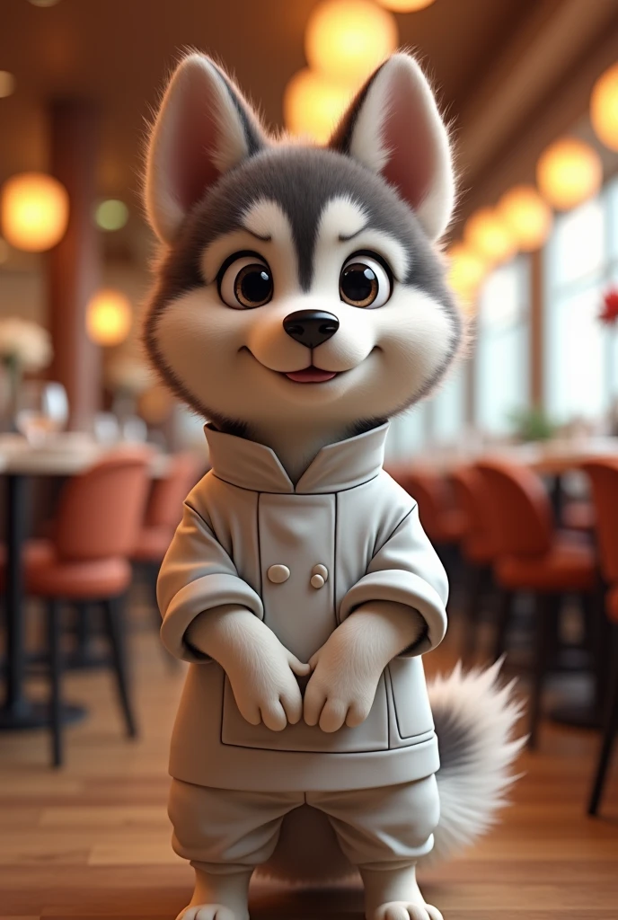 A small Siberian husky dog standing facing forward with its front legs raised。
Big eyes with a cute, human-like expression。Slightly larger head than body。limbs are short。A fluffy, large tail。
Wearing a chef&#39;s outfit。Glossy texture。
The background is a restaurant
