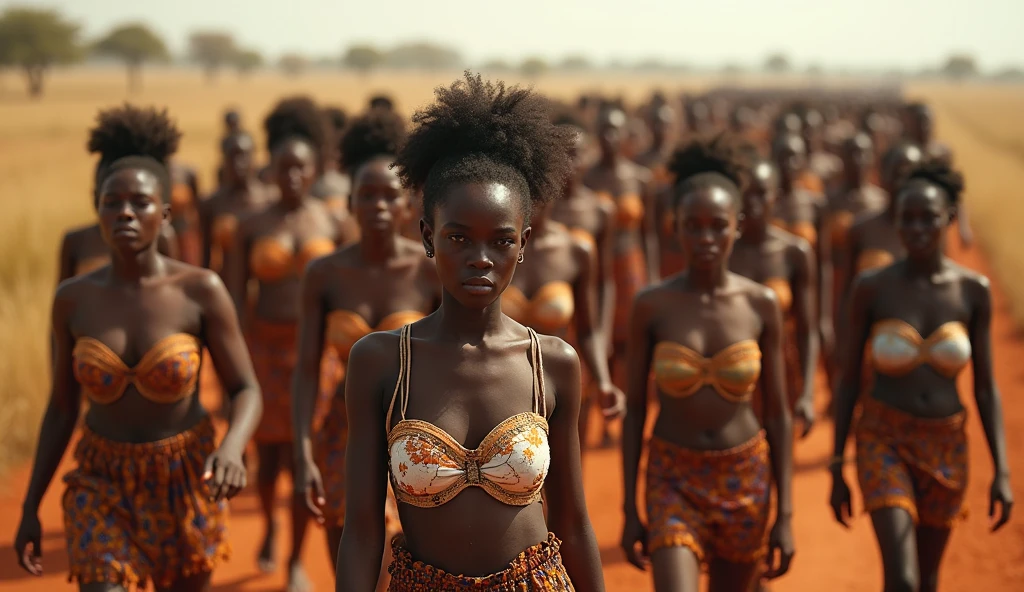 African countryside scene, with many young women (very big breasts) (beautiful) ((face detail), walking along the dirt road. They are participating in a large parade. All are wearing light yellow bra tops, traditional African skirts. with a large number of people appearing on the trail, stretching to the horizon. The image creates a special scene with the dense and synchronized presence of many people. Afternoon photo.