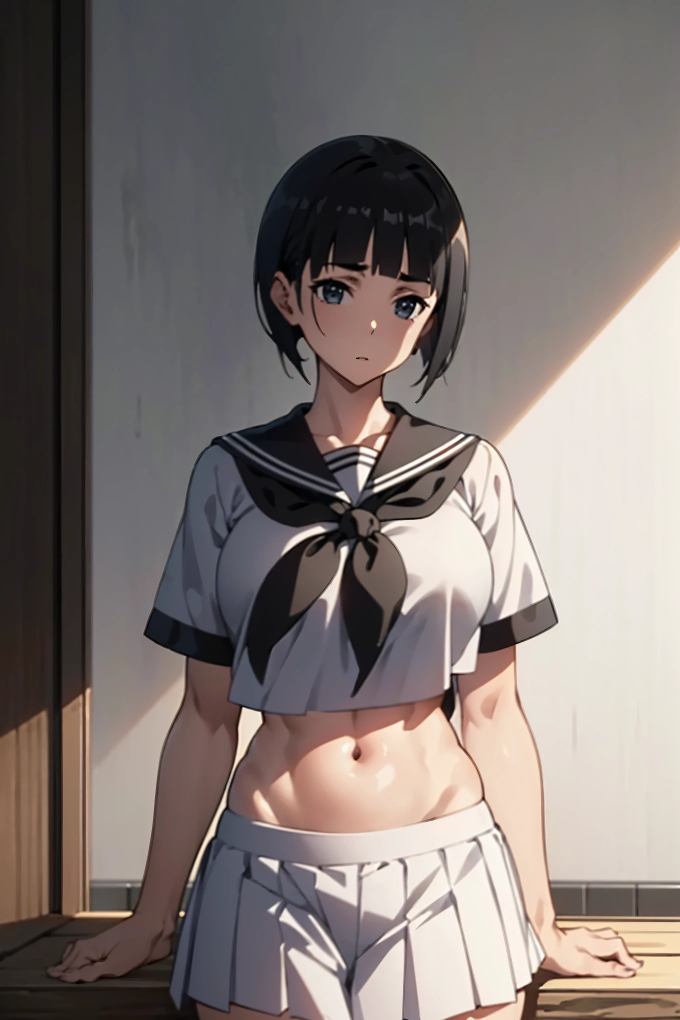 4K,master piece,anime,1 female,Suguha Kirigaya,((black short hair,short sleeved white sailor suit,croptop,super lowrise micro pleated skirt)),lean body,big breasts