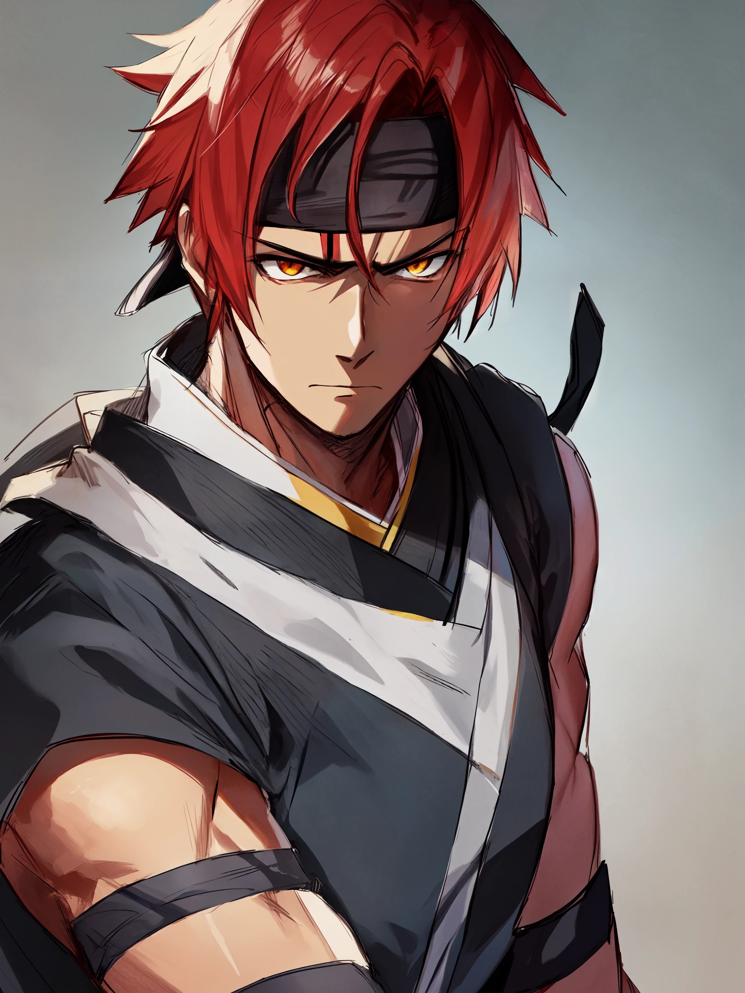 ((shinobi clothing)), {{blacksmith)}, ((Konoha Headband)), complementary colors, {{upper body}}, ((short hair)), ((red hair)), ((serious expression)), ((very dark skin)), 1boy, beautifully drawn, high resolution illustration, best quality, High definition, ((detailed anime sketch)), Masterpiece, (solo), absurdres, detailed background, fine detail, male focus, HDR,