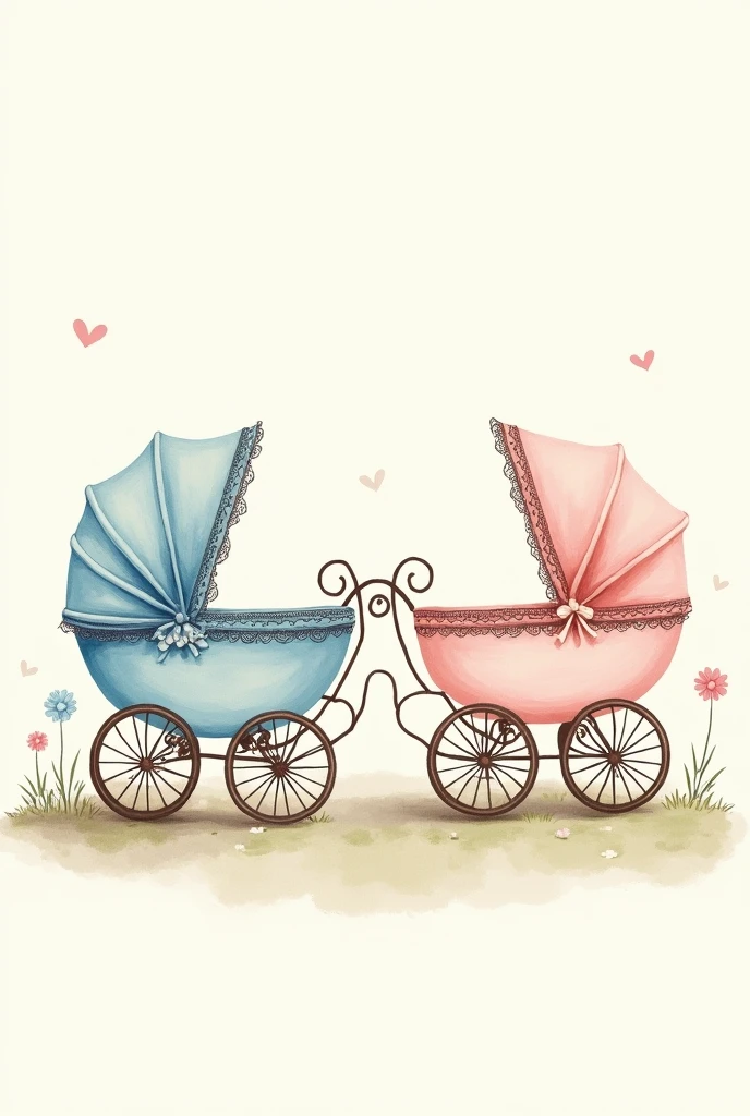 Two baby carriages, one blue and the other pink, drawing