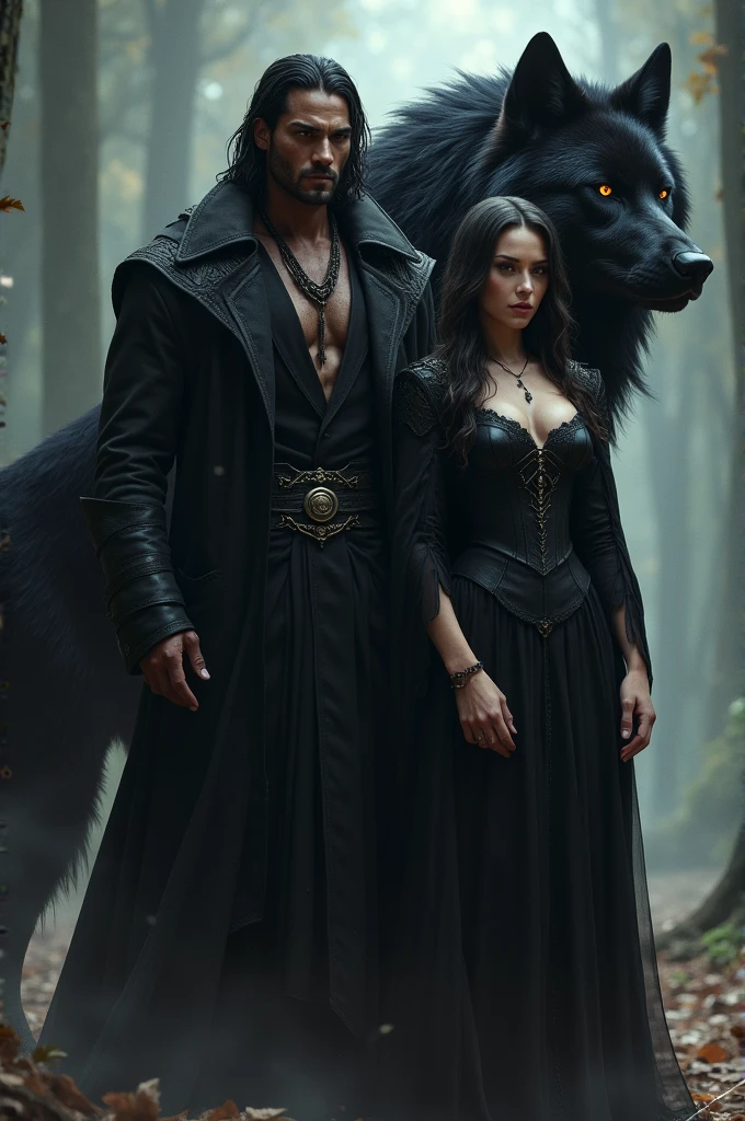 A tall man, young, big, muscular, handsome man with dark eyes and a penetrating gaze and dark and somewhat long hair accompanied by a bewitching woman, beautiful, imposing with dark eyes and dark wavy hair, of normal and tall build, dressed in black with a sorceress costume, with a huge black wolf behind them. in the middle of a forest