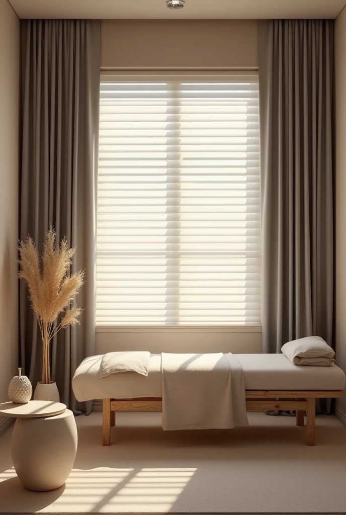 A window with blinds through which the sun shines, leaving shadows on the massage table, gray curtains, massage room in beige tones, Spa, minimalism, unreal engine, 8 K, gray and beige tone, dark colors, Fantasy, conceptual art, Realism, aerial, detailed, cinematic, masterpiece,