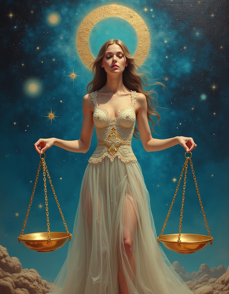 Artwork, surrealism, highly detailed, intricate details, oil painting, best quality, cosmic, starry, a woman holding a two-plate scale, pound sign concept, golden ratio, beautiful, cosmic concept, 8k, cinematic light, starry background, vibrant colors, UHD, by Greg Rutkowski
