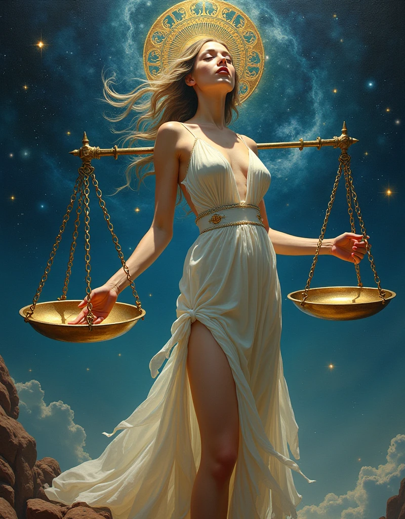 Artwork, surrealism, highly detailed, intricate details, oil painting, best quality, cosmic, starry, a woman holding a two-plate scale, pound sign concept, golden ratio, beautiful, cosmic concept, 8k, cinematic light, starry background, vibrant colors, UHD, by Greg Rutkowski