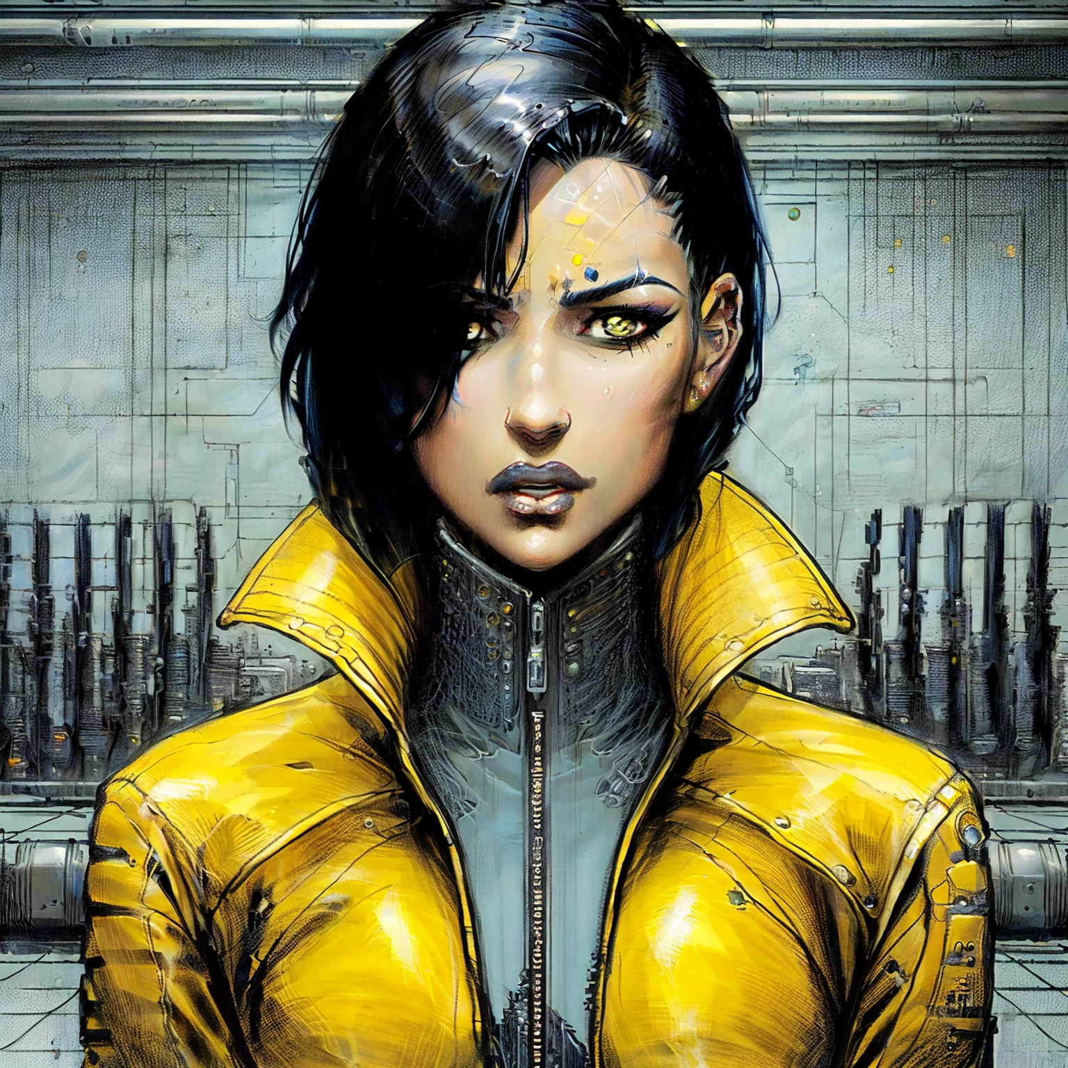 a close up of a woman in a yellow jacket and black hair, cassandra cain in satin, cassandra cain, beautiful female neuromancer, in a mixed style of æon flux, chris moore. artgerm, as a retrofuturistic heroine, as illustrated in top cow comics, cyberpunk judy alvarez, kate bishop, silk spectre, aeon flux style, scifi woman